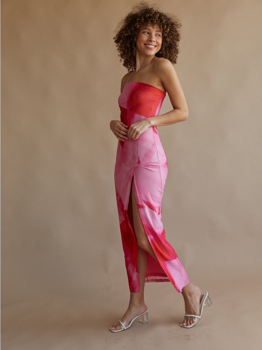 Strapless Pink,red, and orange -Block Midi Dress with Front Slit